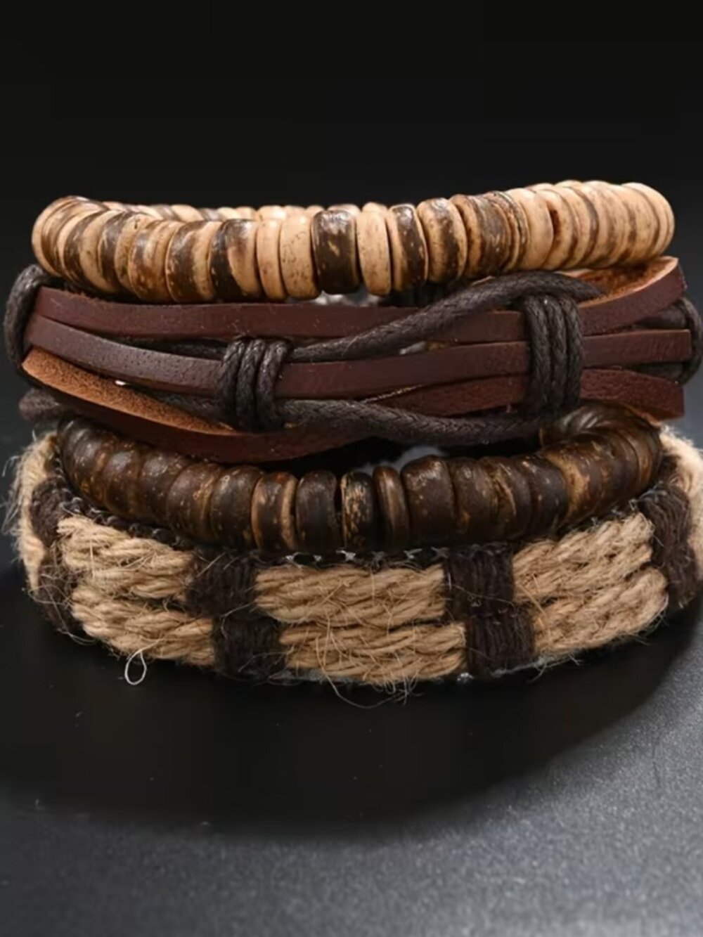 4Pcs NWT Men Leather Cord Bracelet Coconut Shell Bead Bangle Boho Wood Set